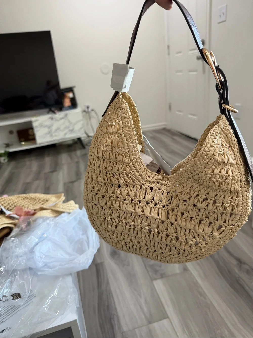 H&M Natural Straw Crescent Shoulder Bag with Dark Brown Trim